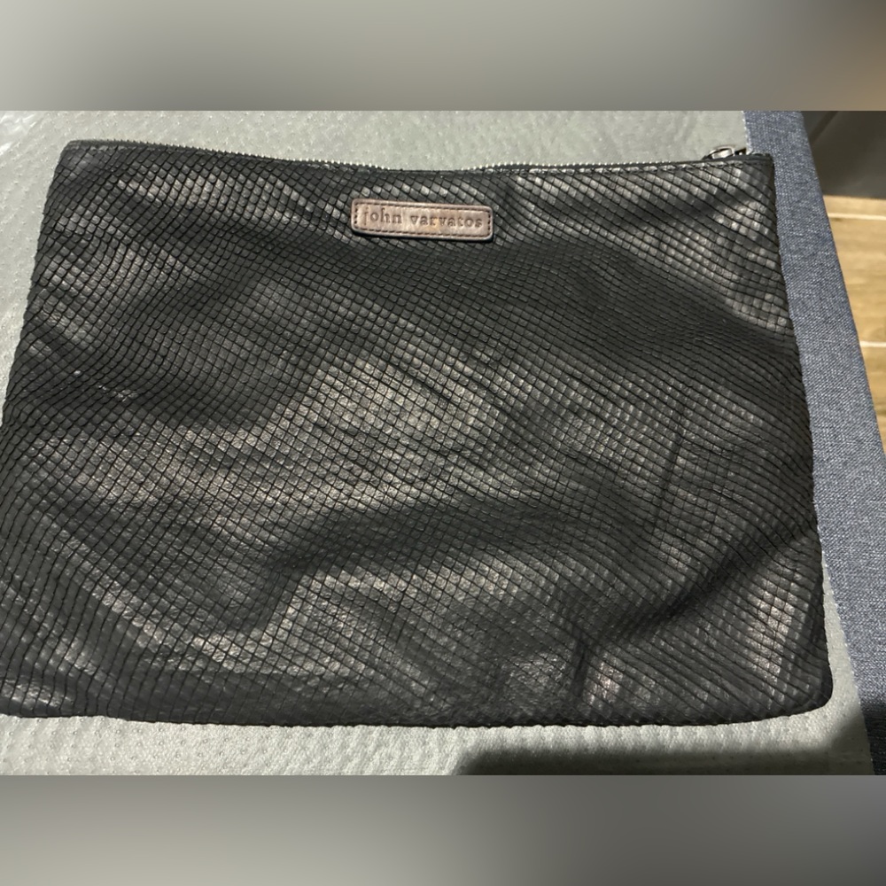 John Varvatos Black Embossed Snakeskin Leather Clutch / Pouch